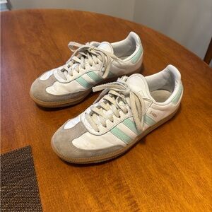 adidas Samba Sneakers in White, Mint, and Tan Suede